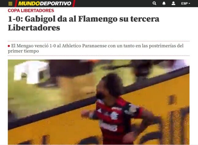 Mundo Deportivo (Espanha) - "1-0: Gabigol dá ao Flamengo a sua terceira Libertadores"