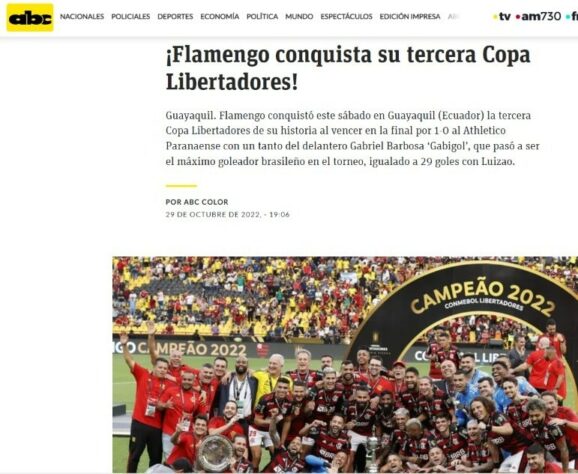 Abc Color (Paraguai) - "Flamengo conquista sua terceira Copa Libertadores!"