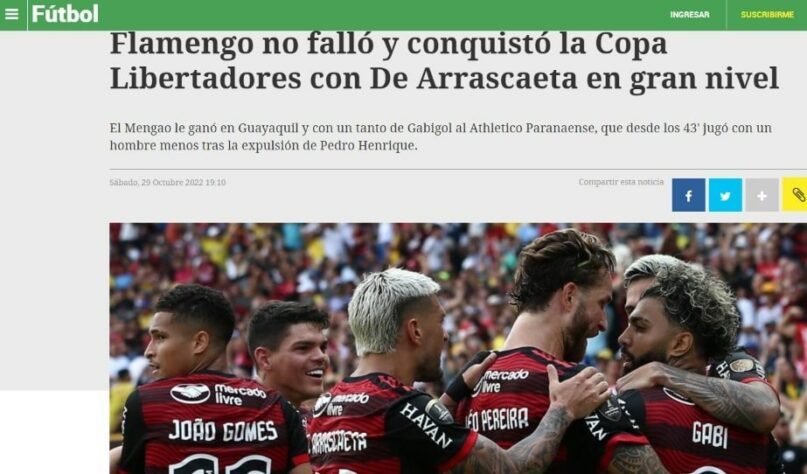 Ovación (Uruguai) - "Flamengo não falhou e conquistou a Copa Libertadores com De Arrascaeta em alto nível"