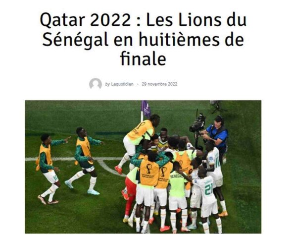 'Leões de Senegal classificados às oitavas de final' é a manchete do 'Le Quotidien', de Senegal.