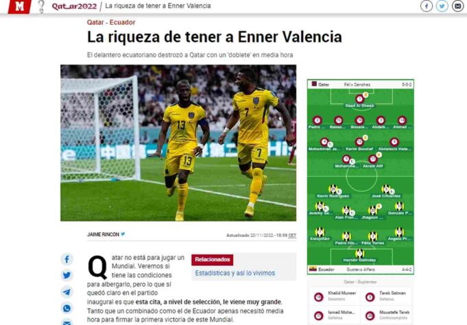 Apesar da manchete amena, destacando a atuação de Valencia, o 'Marca', da Espanha, não poupou palavras: 'O Catar não está ao nível de uma Copa do Mundo'.