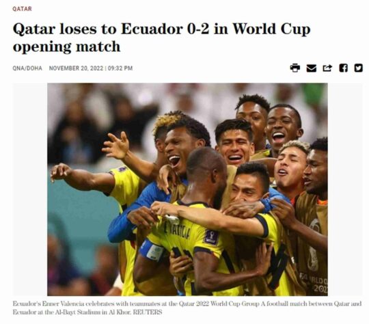 Por fim, no país sede a repercussão foi bem sóbria, com textos objetivos. O 'Gulf-Times' noticiou: 'Catar perde por 2 a 0 para o Equador na abertura da Copa do Mundo'. 