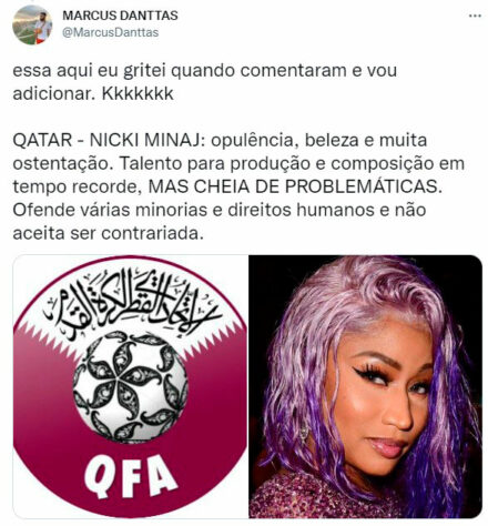 Seleções da Copa do Mundo x cantoras pop: o Qatar seria a Nicki Minaj.