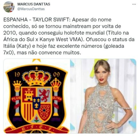 Seleções da Copa do Mundo x cantoras pop: a Espanha seria a Taylor Swift.