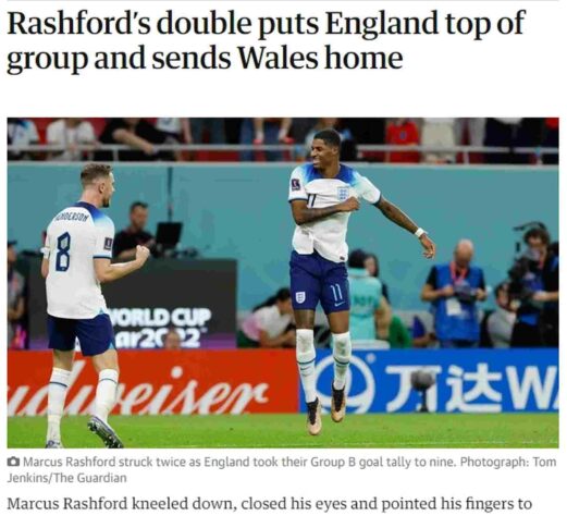 No 'The Guardian', o atacante também foi o destaque: 'Dois gols de Rashford garantem Inglaterra nas oitavas e eliminam Gales'.