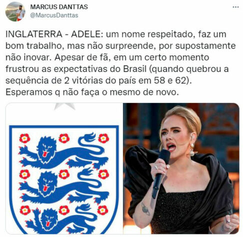 Seleções da Copa do Mundo x cantoras pop: a Inglaterra seria a Adelle.