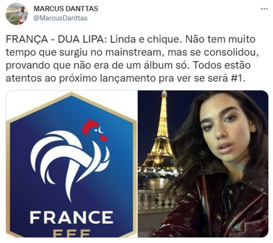 Seleções da Copa do Mundo x cantoras pop: a França seria a Dua Lipa.