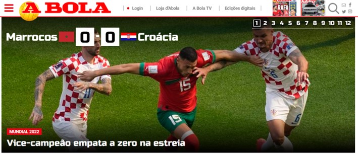 "A Bola", de Portugal, foi mais um que destacou que a atual seleção vice-campeã não conseguiu sair do 0 a 0 contra o Marrocos.