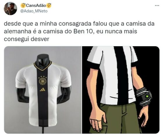 Predominantemente branca e com faixa vertical preta, camisa da Alemanha para Copa do Mundo do Qatar foi comparada ao uniforme do Ben 10, personagem de desenho infantil.