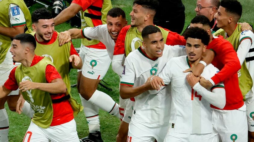 Euforia e felicidade dos jogadores marroquinos.