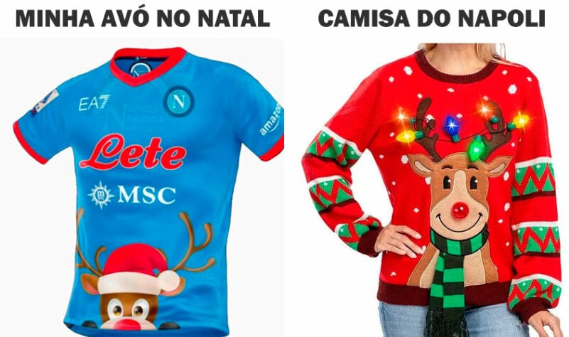 No final de 2022, outra camisa do Napoli já havia virado meme. A estampa contava com uma rena com gorro de Papai Noel, em comemoração ao Natal.