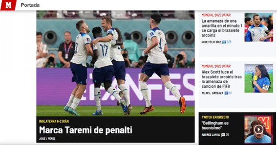 O "Marca" (Espanha) atualizou em tempo real os acontecimentos da partida e colocou informações sobre a proibição da braçadeira de capitão com as cores do Arco-Íris, que seria utilizada por Harry Kane.