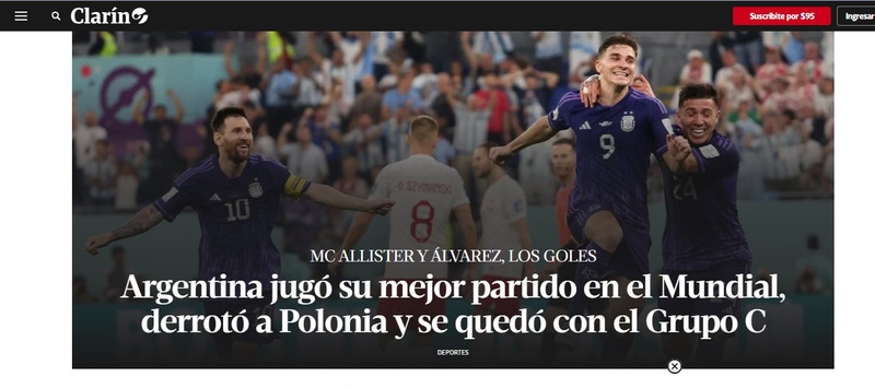O "Clarín", da Argentina, destaco que a seleção nacional fez sua melhor partida na competição.