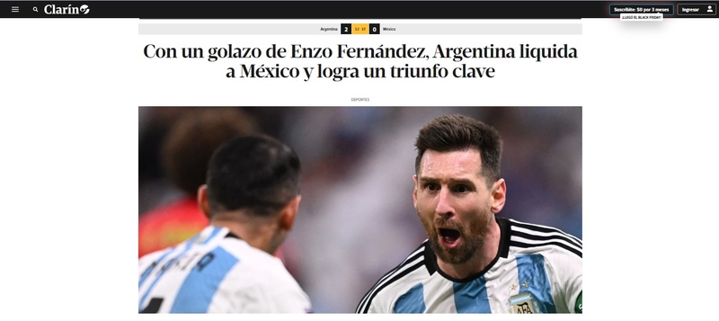 O argentino Clarín, com uma foto do Lionel Messi, o golaço protagonizado por Enzo Fernández teve destaque e chamou os três pontos de "vitória chave".