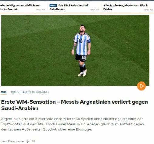 O jornal alemão Der Welt chamou a vitória da Arábia Saudita de "a primeira sensação da Copa do Mundo".