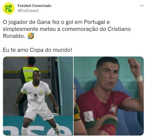 Já no banco, Cristiano Ronaldo parece não ter curtido muito a homenagem do atleta de Gana.