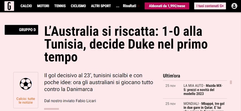 "Austrália se resgata". Dessa forma, e dando destaque ao gol anotado por Duke, a Gazzetta dello Sport noticiou o resultado.