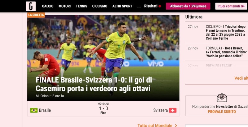 A "Gazzetta dello Sport", como muitos portais, destacou Casemiro e a conquista da classificação para o mata-mata.