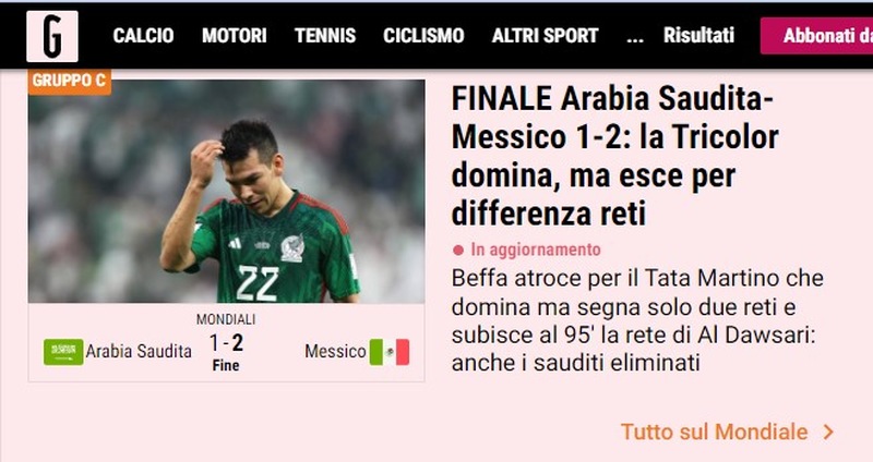 O jornal italiano "Gazzetta dello Sport" contou que o México teve domínio, mas falhou em não marcar mais um gol para chegar na classificação.