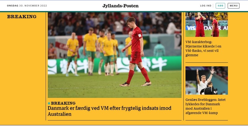 O Jyllands-Posten, da Dinamarca, registrou a derrota dos seu compatriotas da seguinte forma: "A Dinamarca está eliminada na Copa do Mundo depois de um péssimo jogo contra a Austrália".
