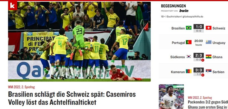 Com uma imagem da Seleção Brasileira comemorando o gol em um grande abraço, o alemão "Kicker" disse que o "voleio de Casemiro resolveu o placar".