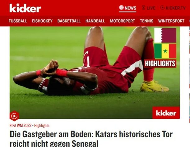 O alemão "Kicker" falou sobre o jogo Qatar x Senegal e reforçou que, mesmo com o primeiro gol do Qatar na história da Copa do Mundo, isso não foi o suficiente para evitar a eliminação.