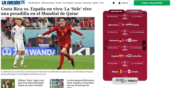 O costarriquenho "La Nación" disse que a seleção nacional viveu um "pesadelo" dentro de campo com os espanhóis.