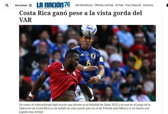 O jornal costarriquenho "La Nación" disse que a Costa Rica venceu mesmo com "a vista grossa do VAR".