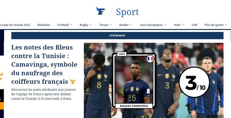O "Le Figaro", da França, deu notas para a atuação dos franceses e falou que o meio-campista Camavinga foi o símbolo do "naufrágio" dos compatriotas.