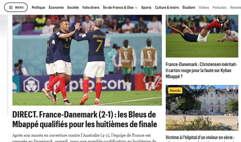 De uma força mais informativa, o "Le Parisien" deu valor para a classificação até as oitavas de final da Copa do Mundo de seus compatriotas.
