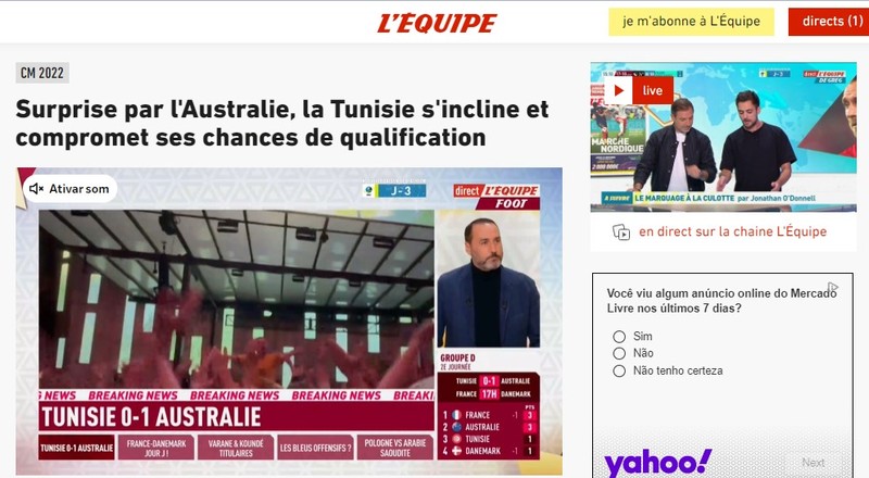 O "L'Équipe", da França, deu enfoque para a situação da Tunísia, que se complicou por conta da derrota diante da Austrália.