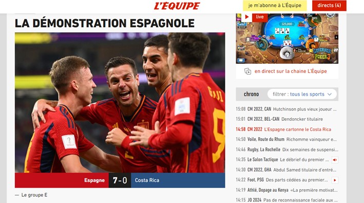 O francês "L'Équipe" fez uma simples menção à grande exibição dos espanhóis.