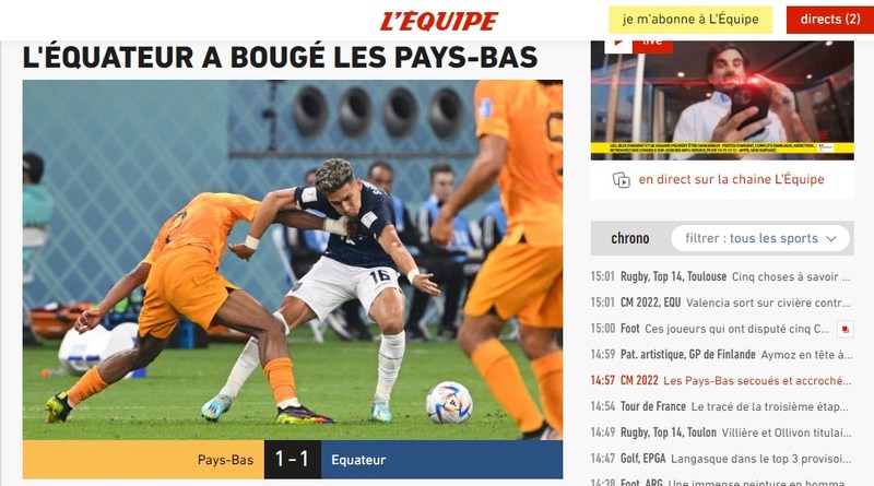 O "L'Équipe", da França, deu um destaque para o duro embate promovido pela seleção equatoriana.