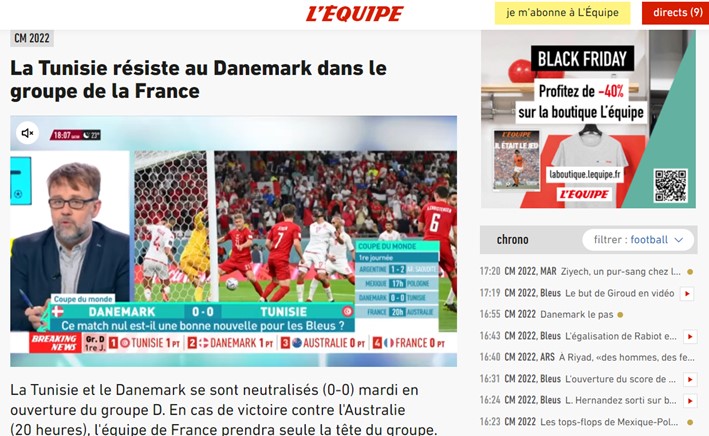 O portal francês "L'Équipe" reforçou a resistência da Tunísia para segurar as investidas ofensivas da Dinamarca.