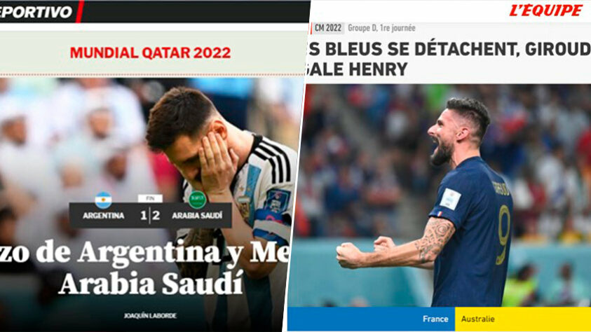 A Copa do Mundo afeta e repercute em diversos locais da Terra. Pela notória surpresa, a derrota da Argentina para a Arábia Saudita virou manchete em todos jornais do planeta. Além disso, a goleada francesa rendeu muitas matérias, e o doblete de Giroud teve seu destaque. Confira a seguir as capas de alguns dos principais veículos do mundo.