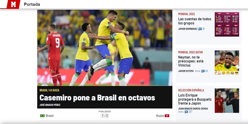 "Casemiro põe o Brasil nas oitavas". Desse jeito, o "Marca" partiu para contar a história do jogo em sua matéria.