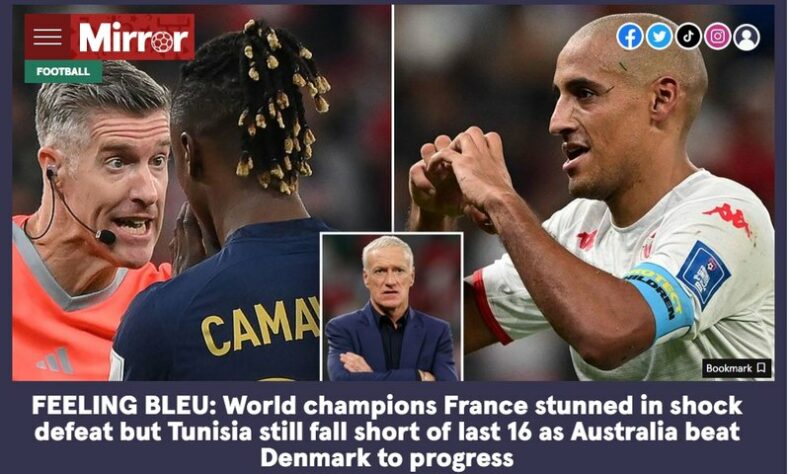 O jornal britânico "Mirror" falou em "choque" com a vitória da Tunísia sobre a França.