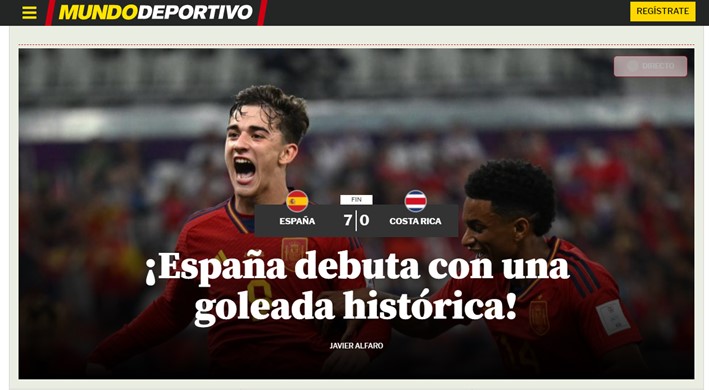 O espanhol "Mundo Deportivo", estampando uma foto da comemoração do jovem Gavi, exclamou a opinião geral da mídia espanhol: "Goleada histórica".