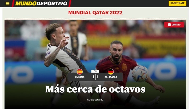 A segunda rodada da fase de grupos da Copa do Mundo continua fervendo no Qatar! Com jogaço de equipes campeãs mundias, este domingo (27) também ficará marcado pela surpreendente vitória marroquina contra a Bélgica. No jogo entre Espanha e Alemanha, o jornal espanhol "Mundo Deportivo" deu destaque para a proximidade dos compatriotas das oitavas de final. Confira capas de veículos do mundo!