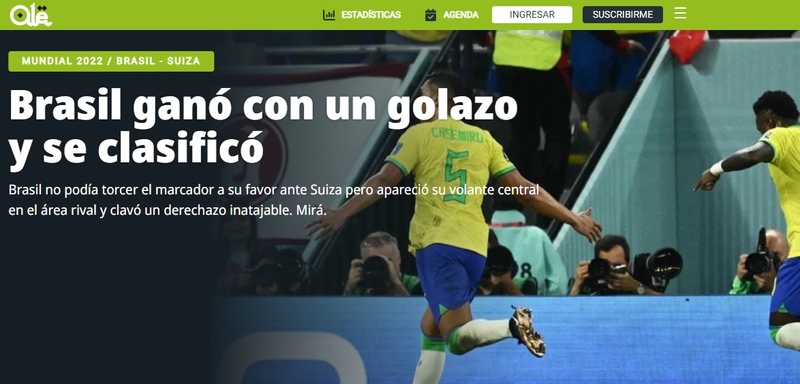 O argentino "Olé" deixou a rivalidade de lado e deu destaque para o belo gol de Casemiro. O portal já havia repercutido de forma parecida o golaço de Richarlison na estreia.