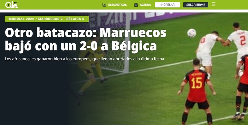 "Outro Baque". Com referência às "zebras" que estão acontecendo na competição, o diário "Olé", da Argentina, reportou a vitória marroquina.