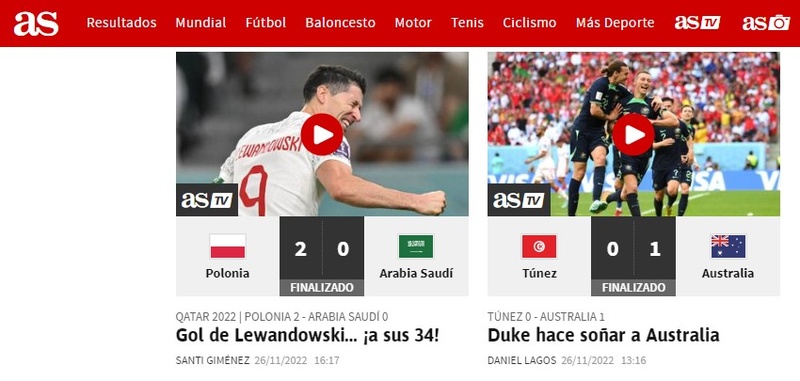 O espanhol "AS" deu importância para o primeiro gol marcado em Copas do Mundo pelo Lewandowski que, aos 34 anos, sacramentou o placar contra a Arábia Saudita.