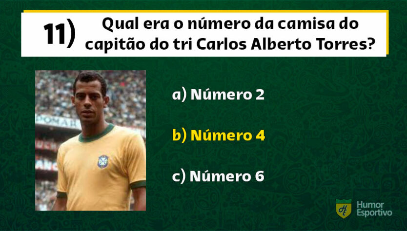 Carlos Alberto Torres, o "Capita", ergueu a Taça Jules Rimet com a camisa número quatro.