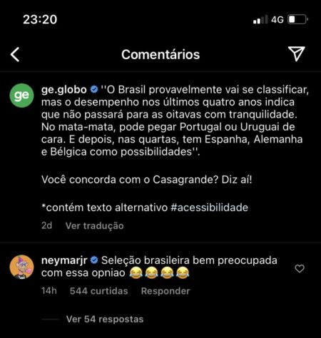 Após um texto de Casagrande sobre a Seleção Brasileira, Neymar retrucou, de forma irônica, a opinião do ex-jogador: "Seleção Brasileira bem preocupada com essa opinião", disse o atleta do PSG.