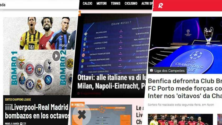 Nesta segunda-feira (7), foram definidos os confrontos das oitavas de final da Champions League. O mundo repercutiu os duelos pela competição. O LANCE! separou diversas capas de jornal sobre o torneio continental. Confira!