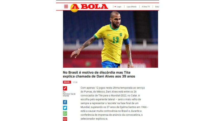 Ainda em 'A Bola', a repercussão sobre a convocação de Daniel Alves, classificando a escolha de Tite como 'motivo de discórdia'.