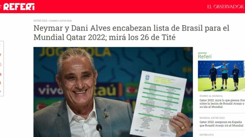 No Uruguai, 'El Observador' disse que Neymar e Daniel Alves lideram a lista de Tite para a Copa. 