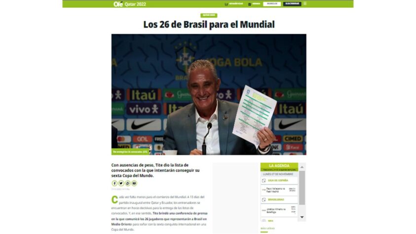 'Com ausências de peso, Tite anunciou sua lista de convocados', é o que diz o 'Olé', da Argentina. No texto, as ausências de Firmino, Arana, Coutinho e Gabigol, todos por diferentes motivos, são citadas.