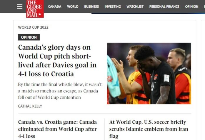 O canadense "The Globe anda Mail", com pesar, noticiou a rápida eliminação do Canadá da Copa do Mundo.