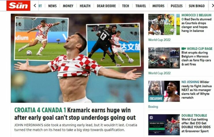 O "The Sun" noticiou que o gol cedo dos canadenses não pode parar a reviravolta dos croatas.